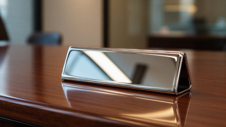 A stylish nameplate rests on a gleaming wooden desk in a modern office.の素材