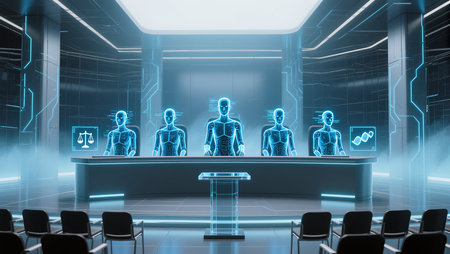 Holographic judges preside over a digital jury in a sleek, modern courtroom.の素材