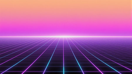 A stunning sunset paints the sky in shades of orange and pink above a glowing grid.の素材