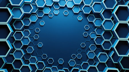 Intricate hexagonal shapes form a captivating blue backdrop perfect for projects.の素材