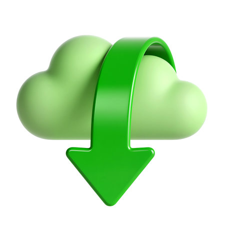 A vibrant green cloud icon with a bold downward arrow signifies data transfer online.の素材