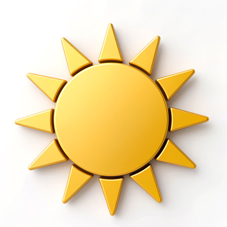 Golden sun designed with sharp rays radiating warmth and positivity, reflecting joy.の素材
