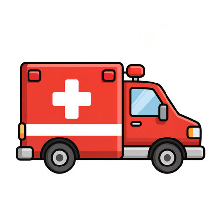 A bright red ambulance with a white cross stands ready for action, symbolizing aid.の素材