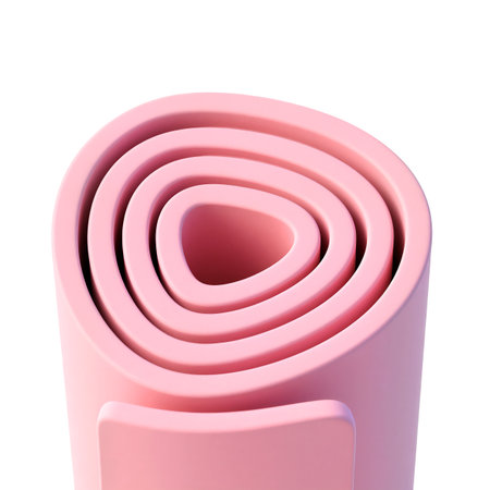 Bright pink yoga mat is perfectly rolled, ready for a calming morning practice.の素材