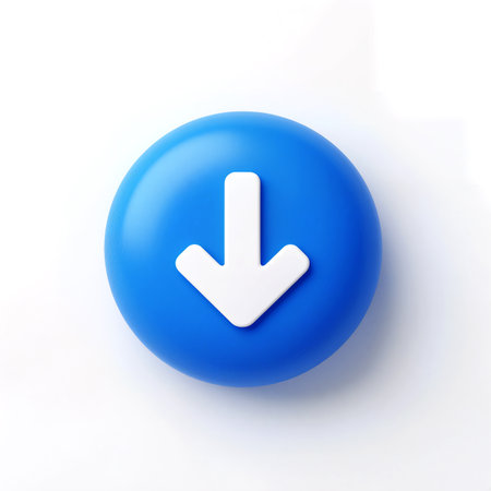 Bright blue circular button features a prominent white downward arrow, encouraging interaction.の素材