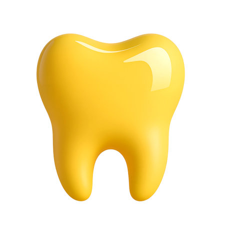 A cheerful yellow tooth stands out as a playful reminder of dental hygiene.の素材