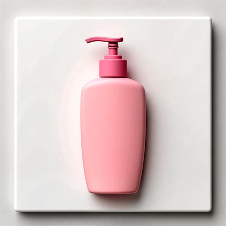 A soft pink lotion bottle rests elegantly on a clean white background.の素材