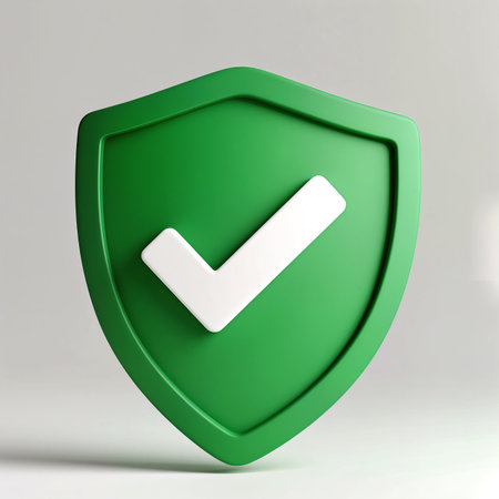 A vibrant green shield features a white check mark, representing safety and assurance.の素材