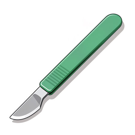 A green-handled scalpel lies on a neutral surface, reflecting sharpness and precision.の素材