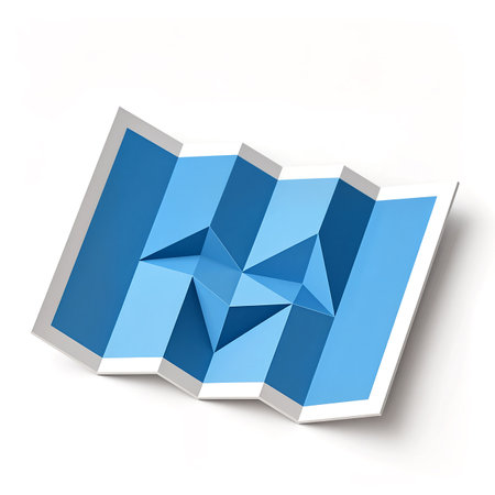 A captivating origami piece showcases intricate blue folds and geometric patterns.の素材