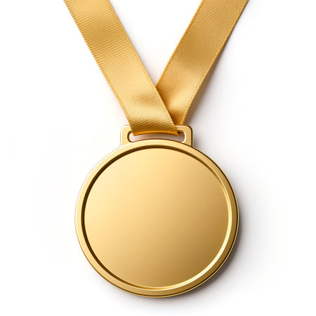 A polished gold medal with a satin ribbon symbolizes victory and success.の素材