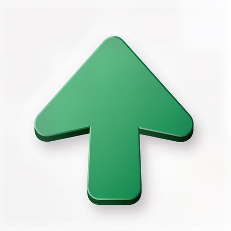 A bold green arrow points upwards against a clean background, representing advancement.の素材