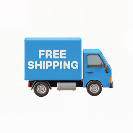 A small blue truck features a bright free shipping sign, set against a neutral backdrop.の素材