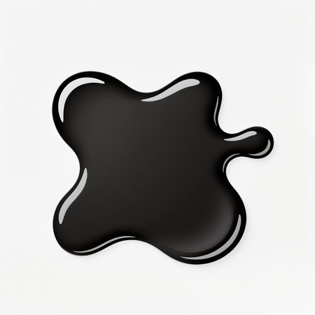 A glossy black liquid spills artistically onto a bright white canvas.の素材