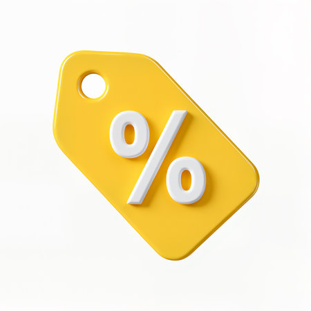 A bright yellow tag with a bold percentage symbol represents discounts and sales.の素材