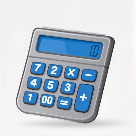 A sleek calculator shows the number zero on its clear blue screen, ready for use.の素材