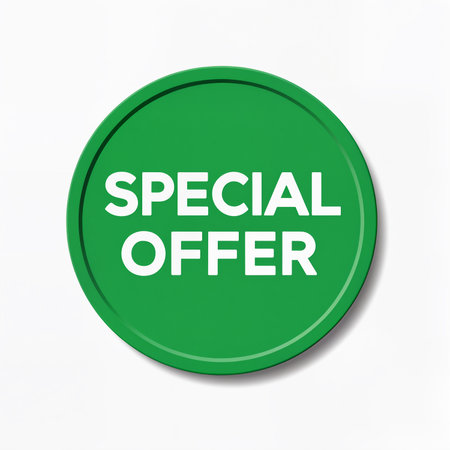 Bold green circular sign showcases an enticing special offer for shoppers.の素材