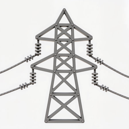 A striking electrical transmission tower stands alone against a plain background.の素材