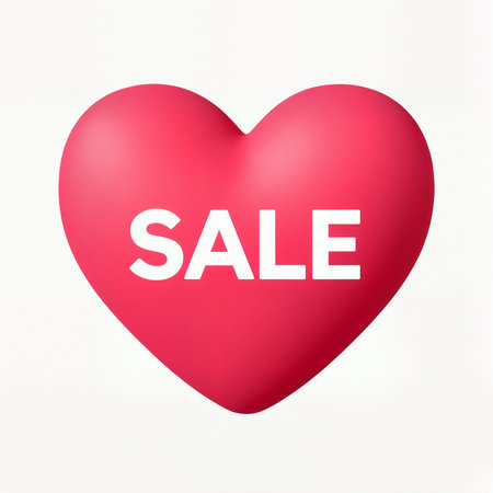 A vibrant heart shape with bold lettering announces attractive discounts for shoppers.の素材