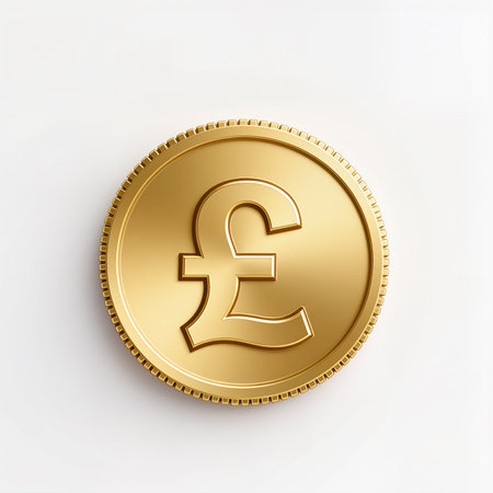 A gleaming gold coin with a pound symbol represents currency and commerce.の素材