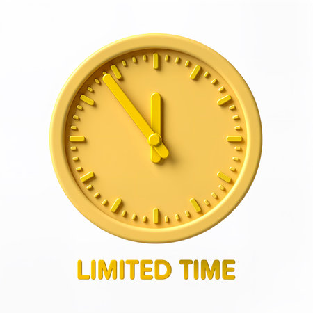 A vibrant yellow clock with bold hands illustrates a countdown of urgency.の素材