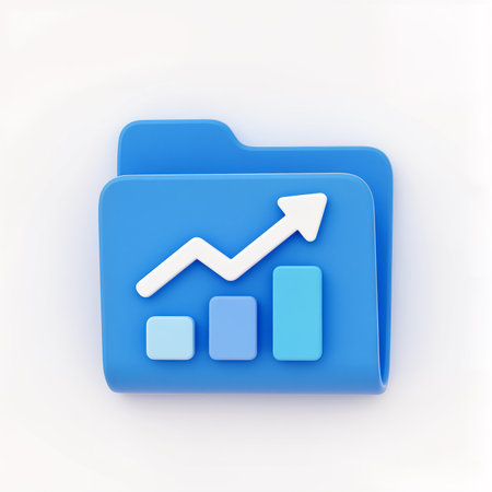 A blue folder with upward charts symbolizes business analytics and growth.の素材
