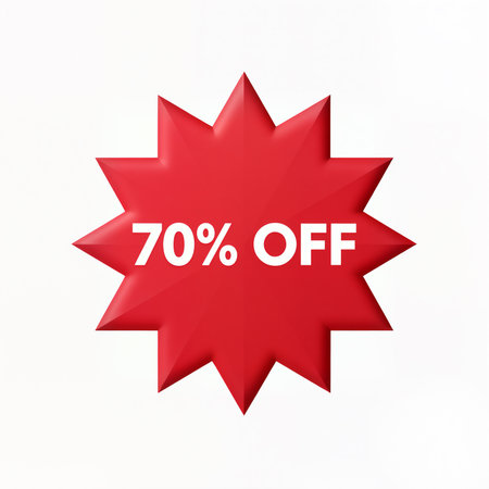 Bright red starburst prominently displays a 70 percent discount on merchandise.の素材