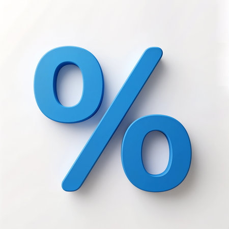 A bold blue percentage sign contrasts sharply with a clean white background.の素材