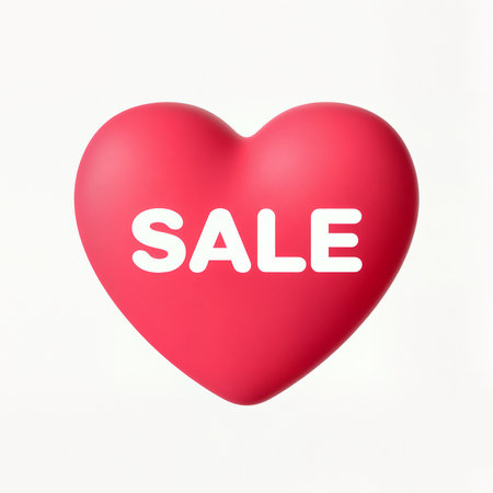 A vivid heart-shaped object displays a sale message, inviting shoppers to access deals.の素材