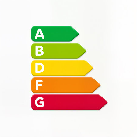 Bright arrows show energy efficiency ratings using colors for visual appeal.の素材