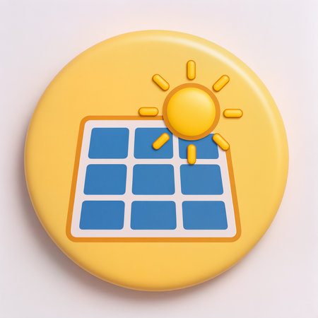 A vibrant solar panel emblem shines with a sunny backdrop, symbolizing clean energy.の素材