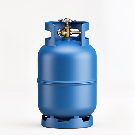 A sleek blue propane tank stands prominently, designed for versatility and safety.の素材