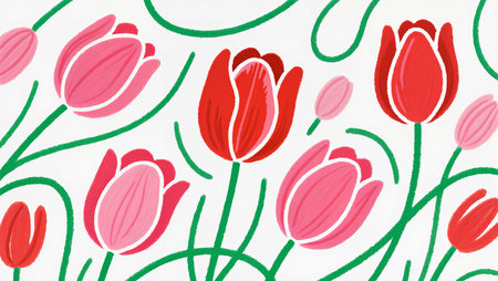 A delightful display of red and pink tulips swaying in the gentle breeze.の素材