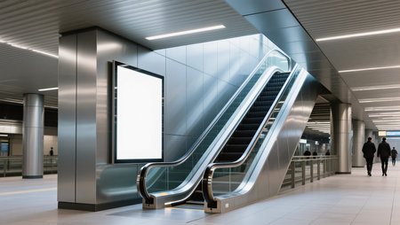 Two travelers walk past a stylish escalator in a contemporary subway station.の素材