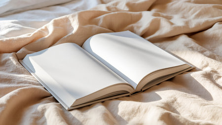 An open book sits on cozy sheets, inviting anyone to fill its blank pages with stories.の素材