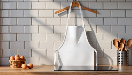 Sunlight streams into a cozy kitchen, illuminating a waiting apron and fresh eggs.の素材