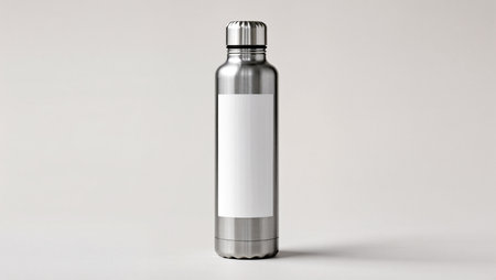 A sleek steel bottle stands out against a light background.の素材