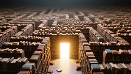 A maze of towering bookshelves leads to a glowing doorway for wisdom seekers.の素材