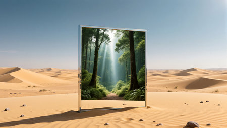 A striking portal reveals a vibrant forest, contrasting with arid dunes at midday.の素材