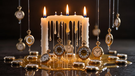 Dripping wax envelops golden pocket watches, all illuminated by flickering candlelight.の素材