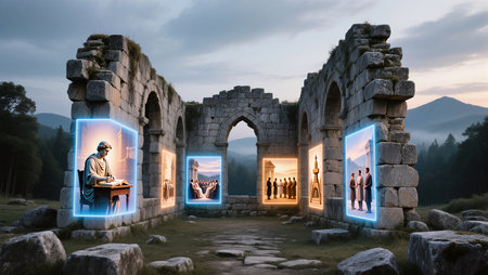 Illuminated panels display historical figures and events amid crumbling ruins at twilight.の素材