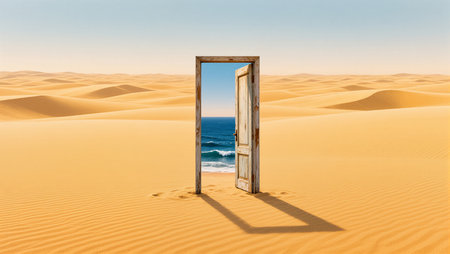 An old wooden door stands in a golden desert, showcasing a serene ocean beyond.の素材