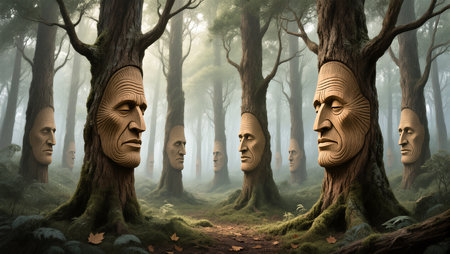 Unique forest features trees with intricately carved faces, shrouded in fog.の素材