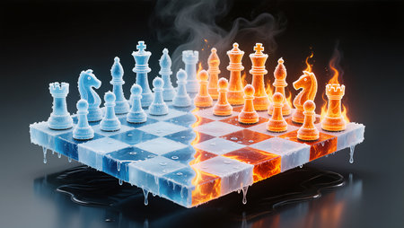 Intricate chess pieces battle in ice and fire, creating a captivating contrast.の素材