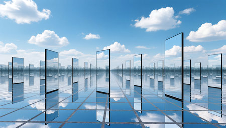 Reflective frames in a serene setting capture the sky's beauty.の素材