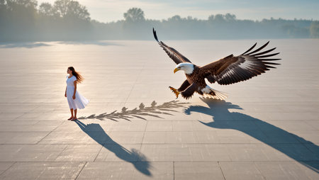 A woman in white stands still as an eagle glides gracefully overhead, casting a shadow.の素材