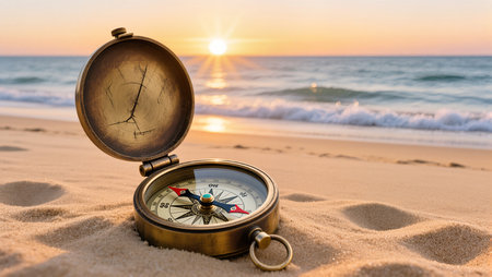 A gleaming compass rests on warm sand as the sun sets over gentle ocean waves.の素材