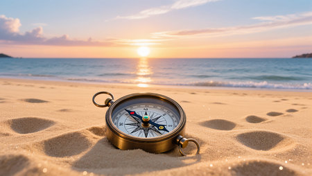 A compass rests on the soft sand, illuminated by the warm glow of the setting sun.の素材