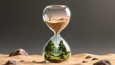 An hourglass reveals contrasting landscapes of desert and lush greenery, symbolizing time.の素材