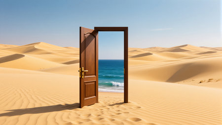 A wooden door stands open in the desert, showcasing stunning ocean waves beyond.の素材